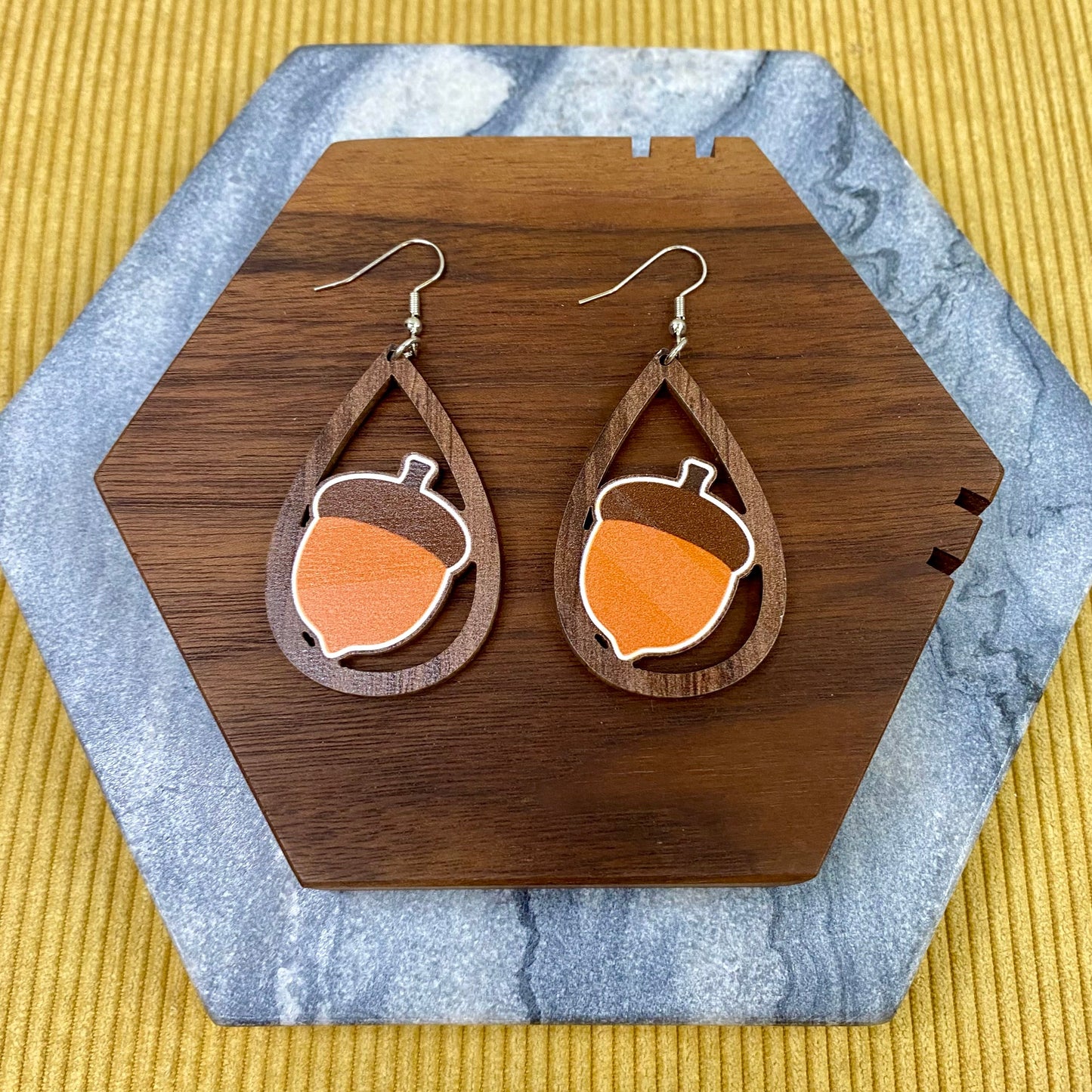 Wooden Teardrop Cutout Earrings - Fall - Acorn