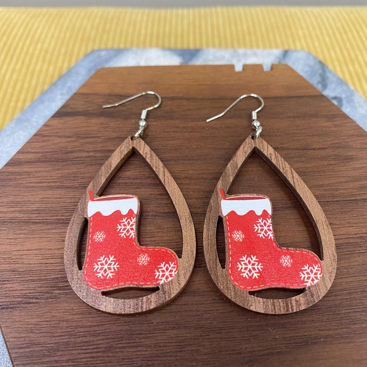 Wooden Teardrop Cutout Earrings - Christmas - Stocking