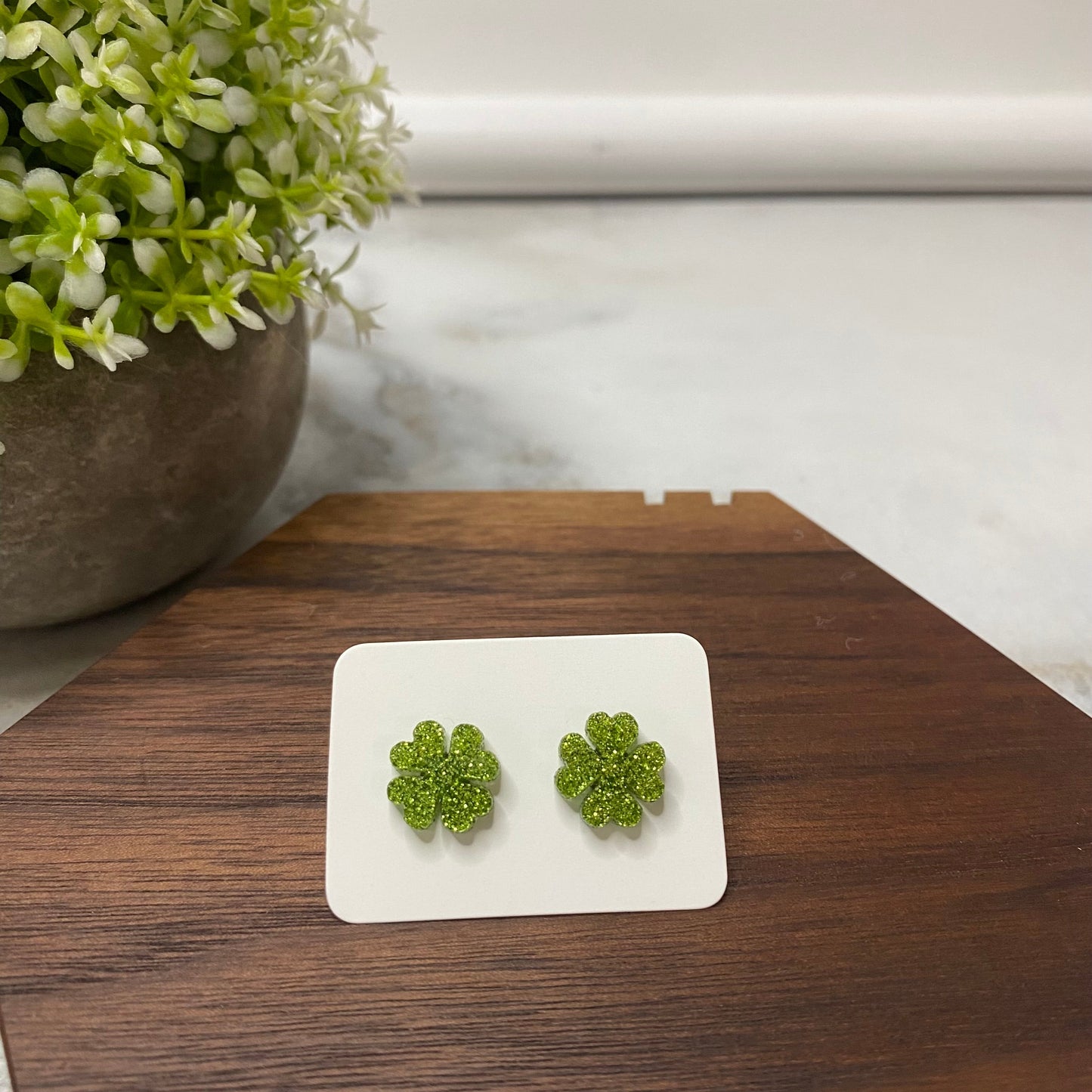 Acrylic Stud Earrings - Light Green Clover