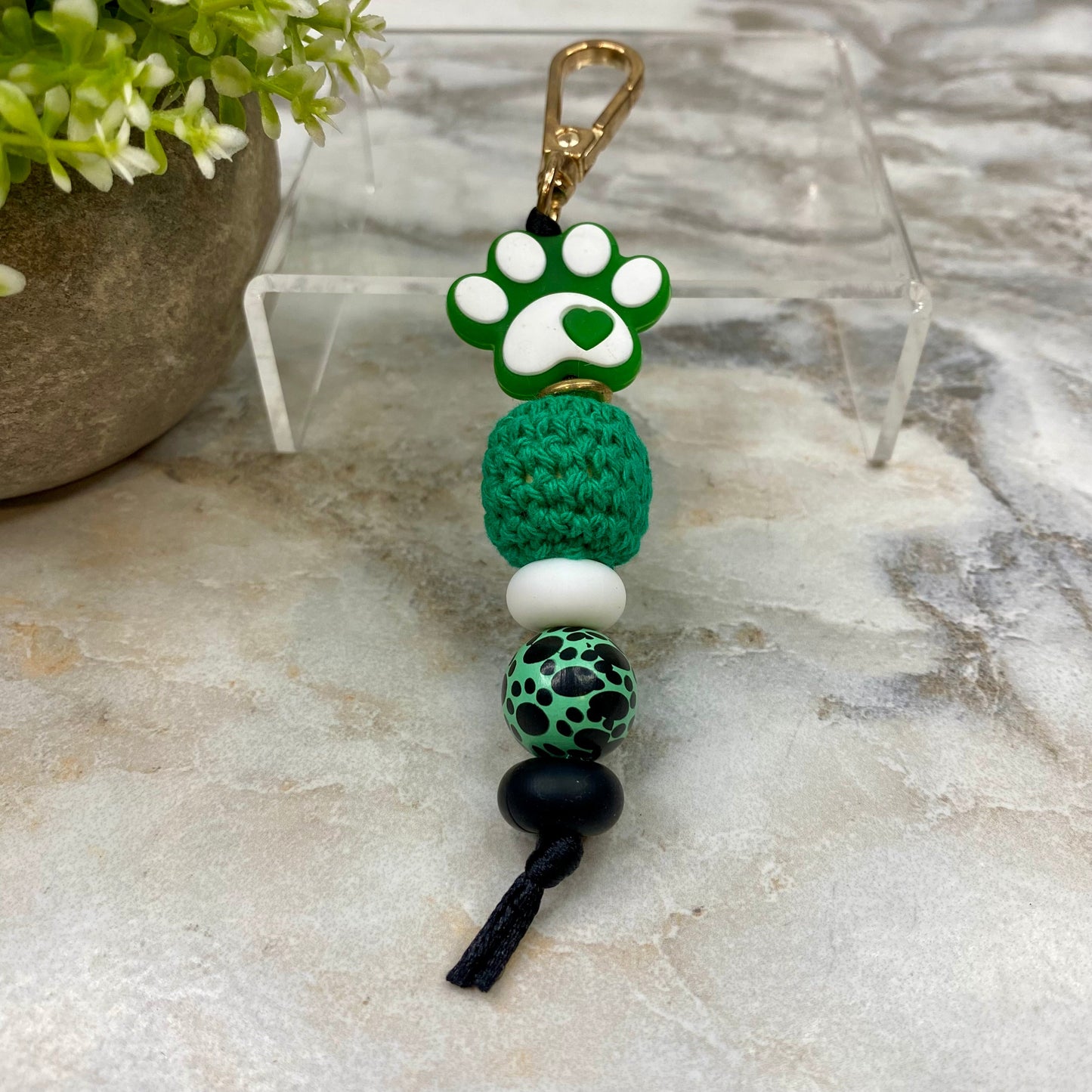 Keychain - Silicone & Wood Bead - Green Paw