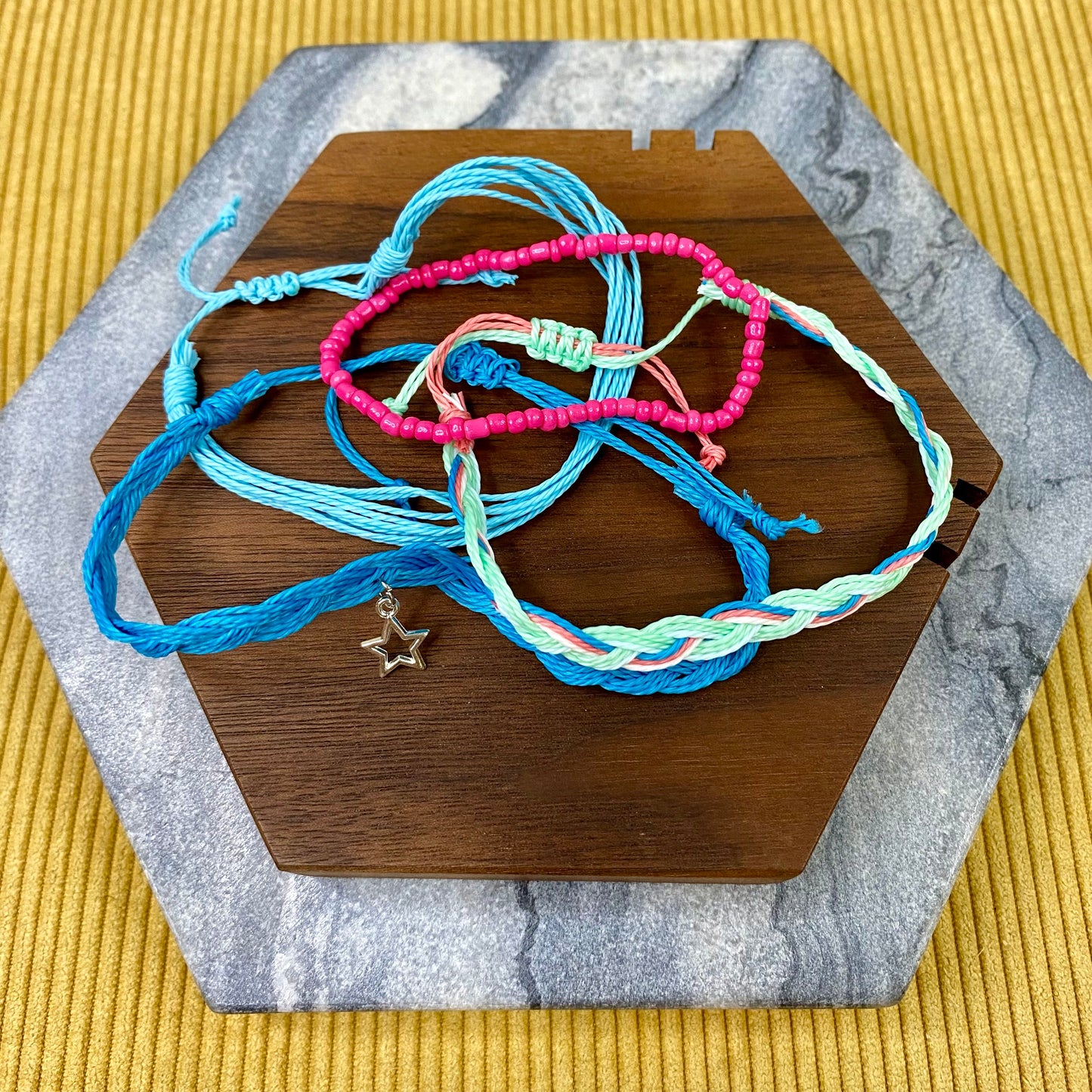 Bracelet Pack - Adjustable String & Bead Pink Blue Star