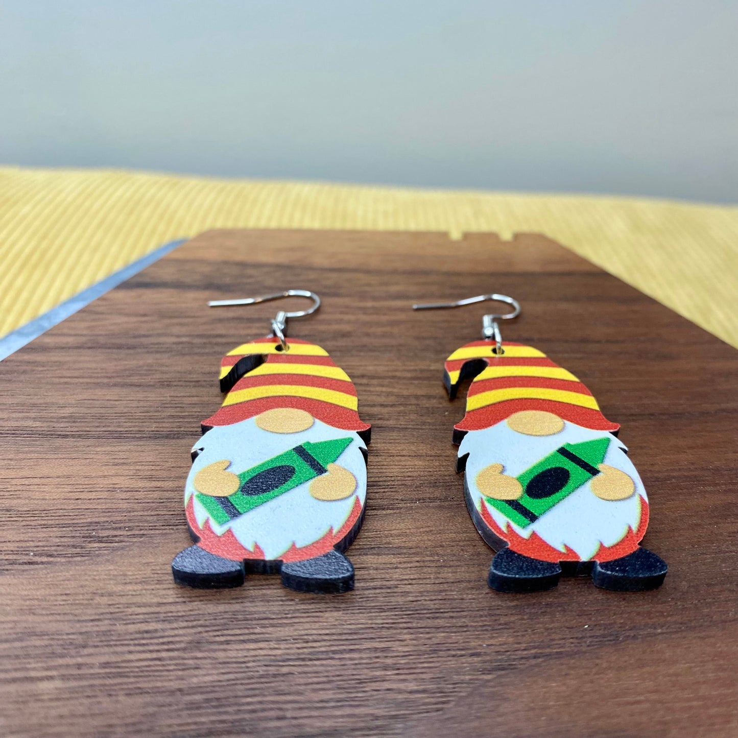 Wooden Dangle Earrings - Teacher Gnome Crayon