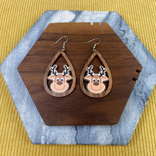 Wooden Teardrop Cutout Earrings - Christmas - Reindeer