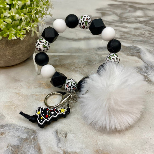 Silicone Bracelet Keychain & Pom Pom - Christmas Tree - Black