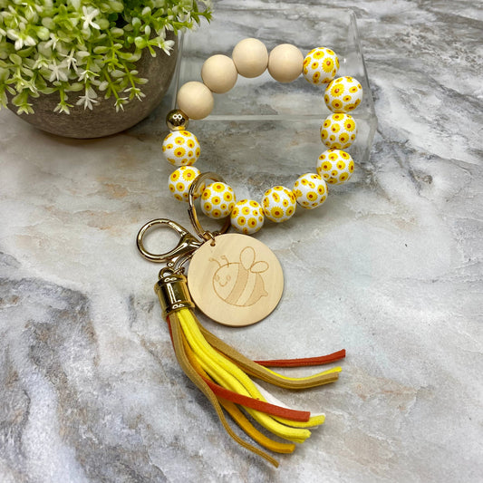 Wooden Bead Bracelet Keychain - Bee Sunflower