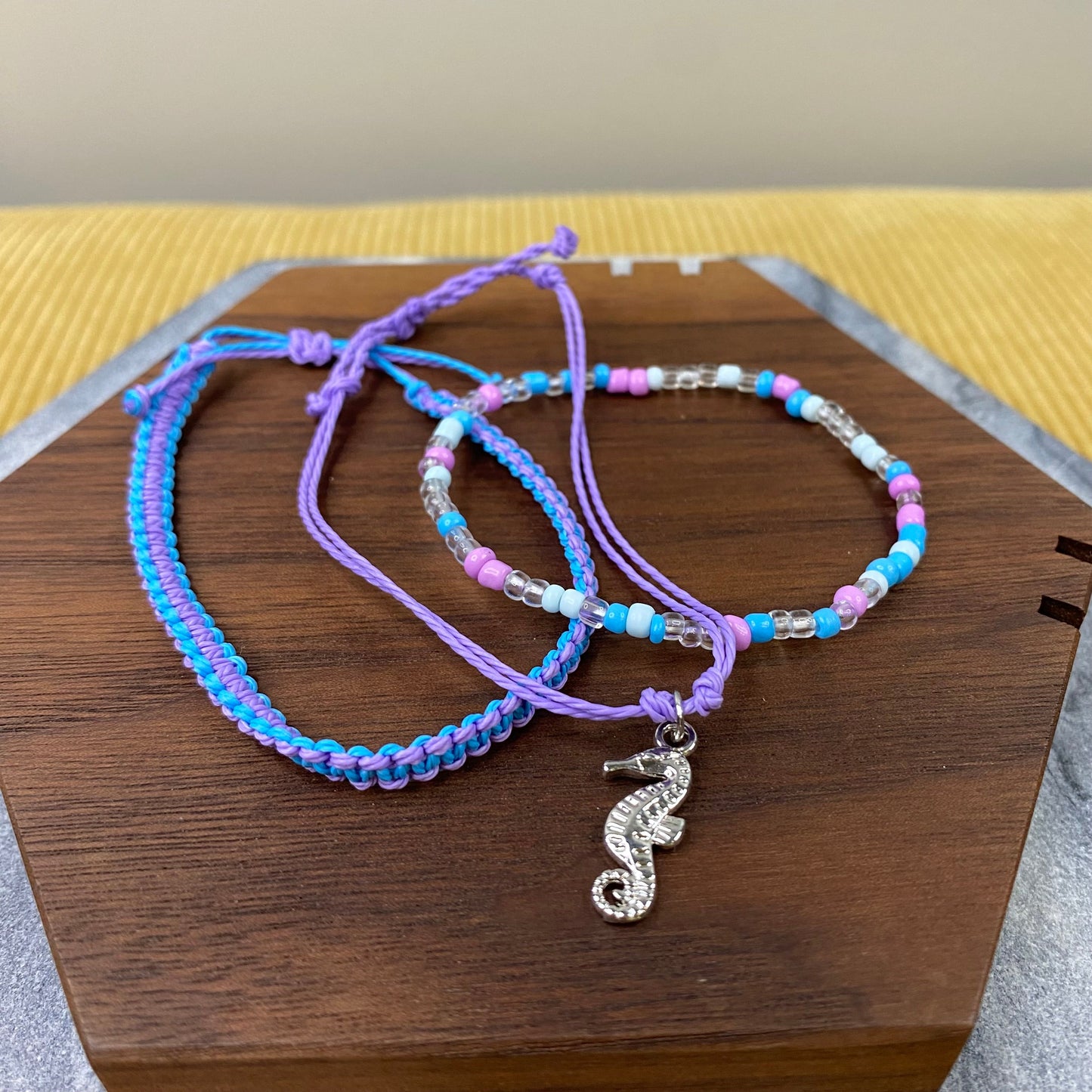 Bracelet Pack - Adjustable String & Bead Seahorse Purple