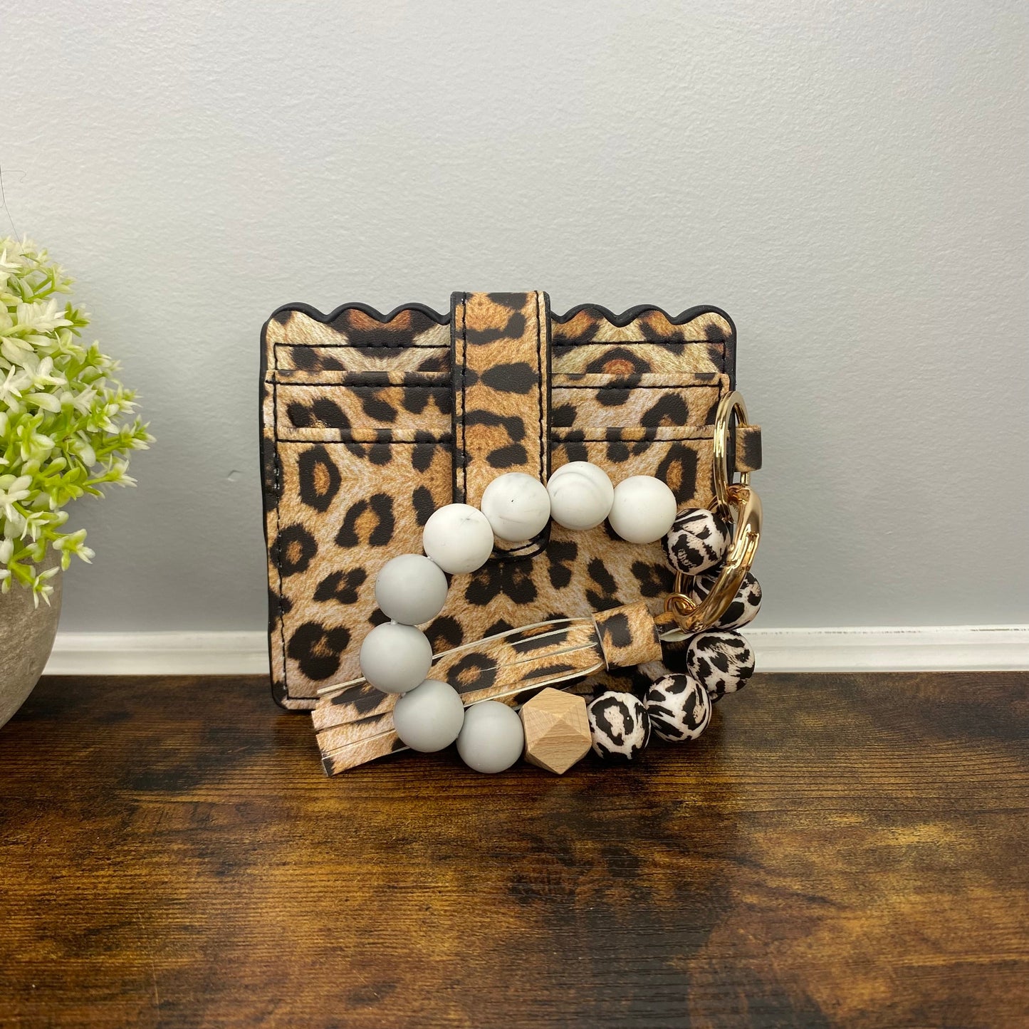 Silicone Bracelet Keychain with Scalloped Card Holder - Faux Leather Animal Print